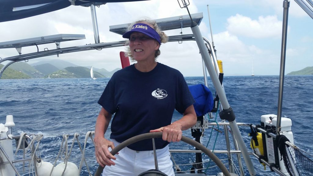 May 7, 2016 Cindy at the helm departing Tortola, BVI to Bermuda